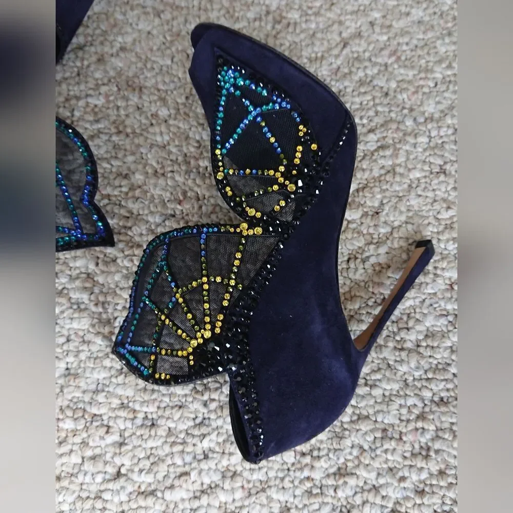 Sergio Rossi Poetic Surrealism night blue butterfly suede heels size 6.5